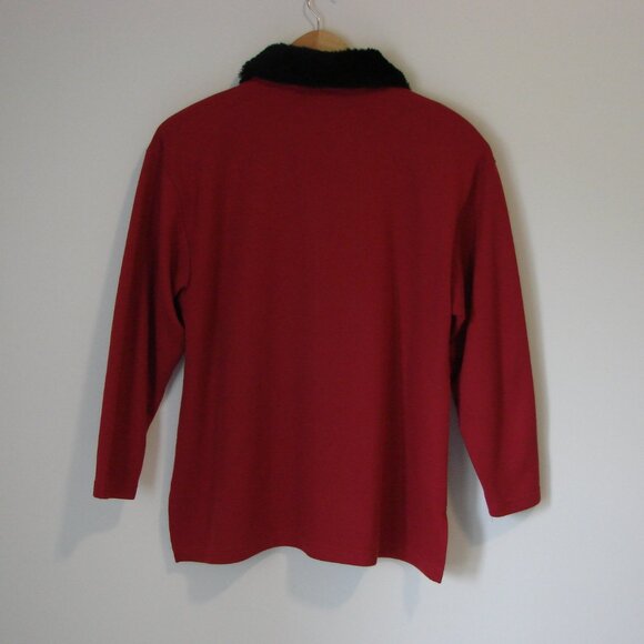 Red Knit Cardigan Sweater Jacket Faux Fur Collar Black Cats Size Medium Large XL - Picture 9 of 11